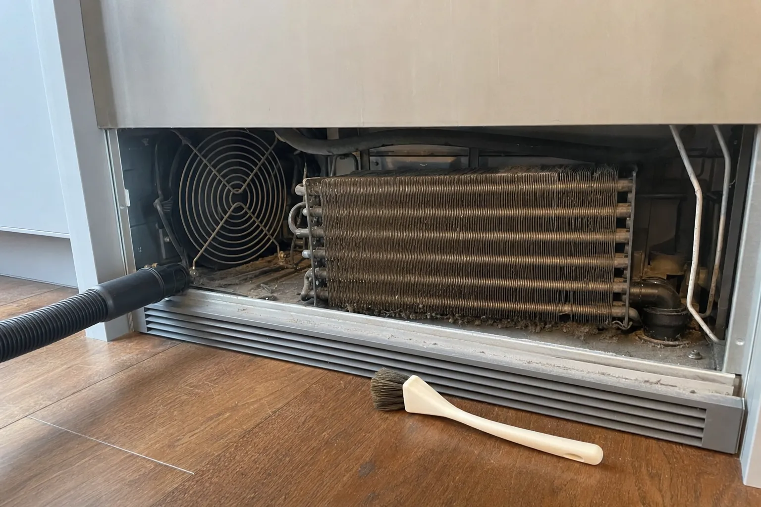 Dust-clogged condenser coil and fan behind the base grille of a stainless refrigerator, vacuum hose and brush ready