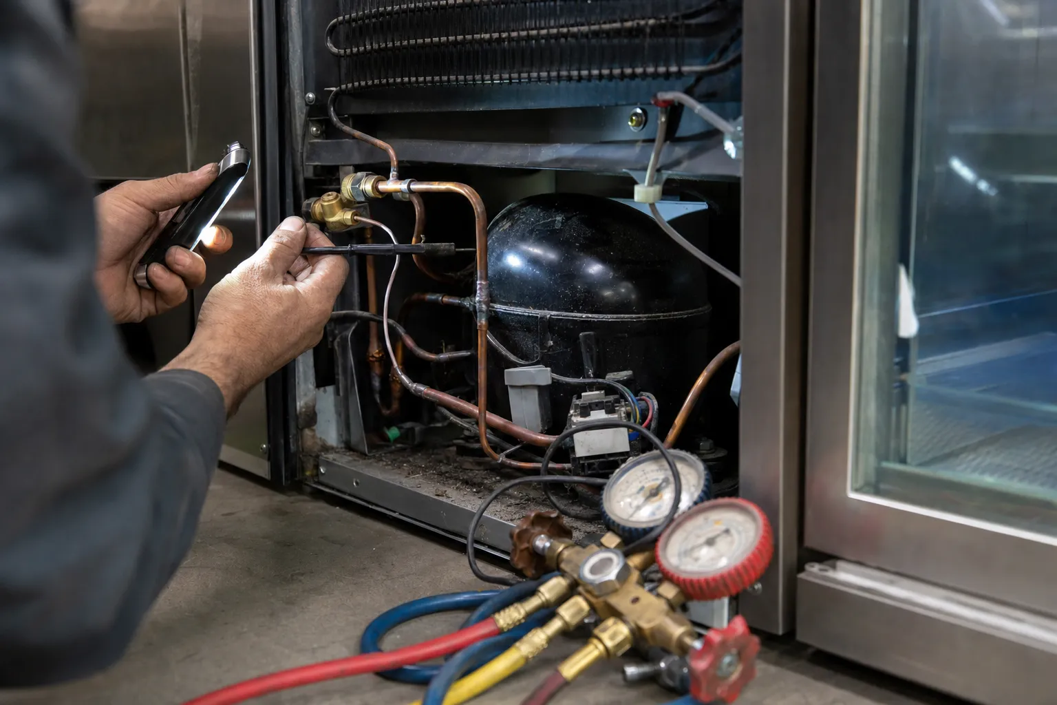 A flashlight aimed at the service valves while a probe is held against the copper line of a compressor