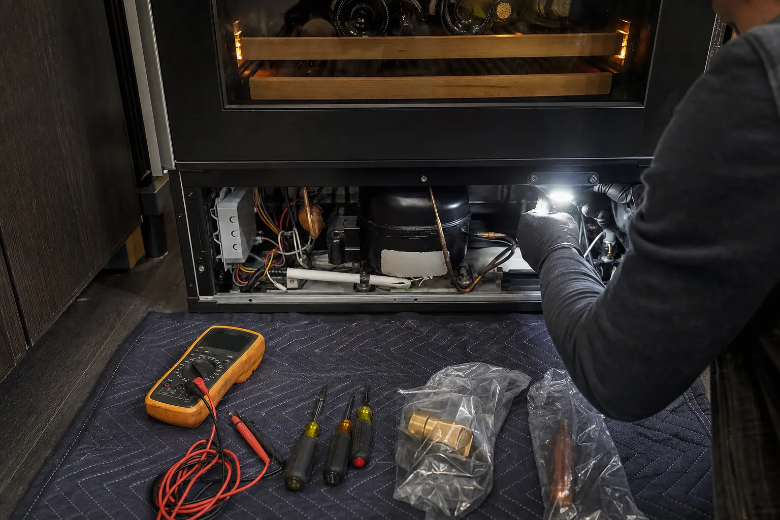 Lit wine cabinet with its lower machine compartment opened for service, meter and screwdrivers laid out on a mat
