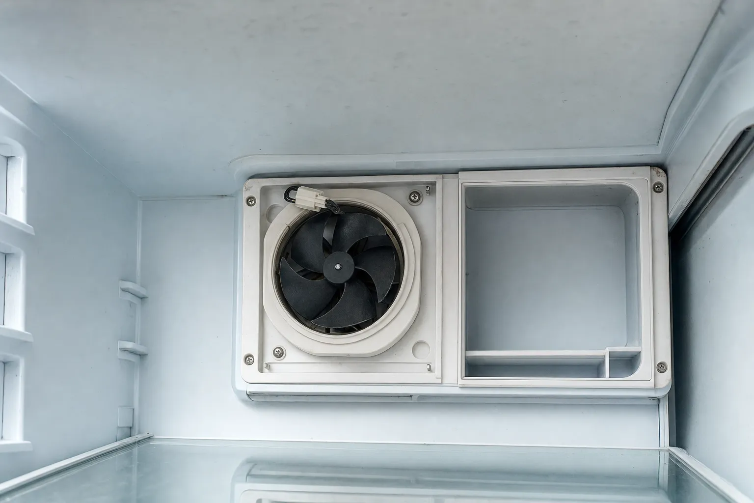 An interior fan and its open housing fixed high on the back wall of an empty white refrigerator compartment