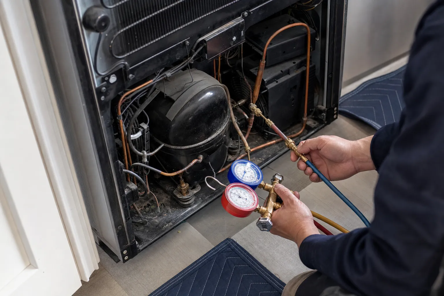 Blue and red manifold gauges attached to the compressor in the open base of a black-framed refrigerator