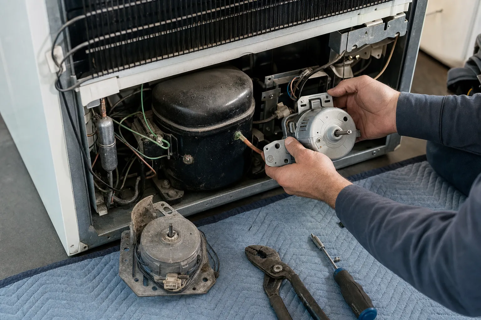 A new fan motor held up beside the compressor of a white refrigerator, the worn motor and pliers on the blanket