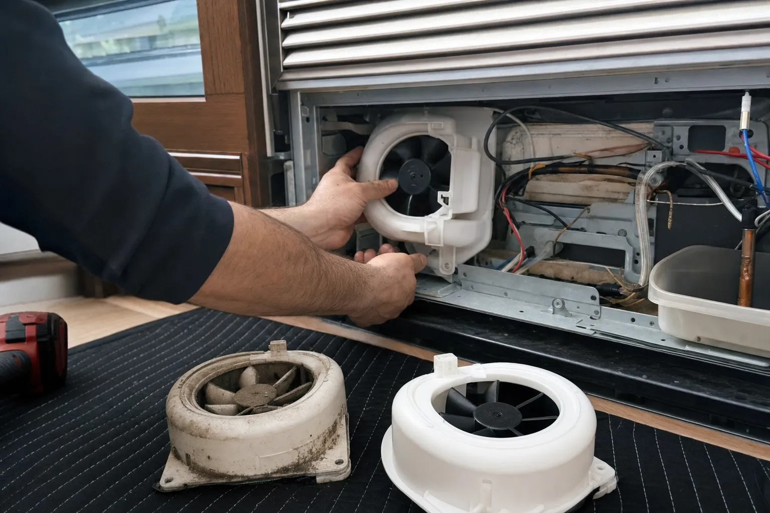 A fan housing going into the base compartment beneath a louvred grille, a grimy old housing and a clean new one on the mat